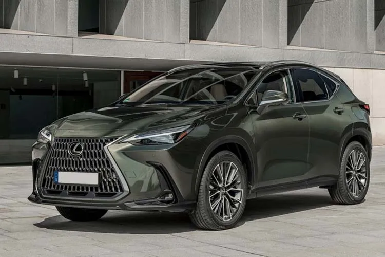 A grey Lexus NX driving down a country road.